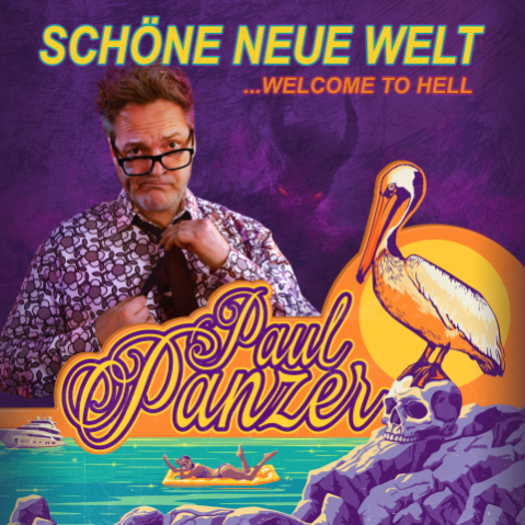Das Plakat zu „Achs schöne neue Welt“ von Paul Panzer zeigt den Komiker wie er sich eine Krawatte umbinden möchte. Das Bild ist von einer grafischen Darstellung des Meeres und eines Pelikans umrahmt.