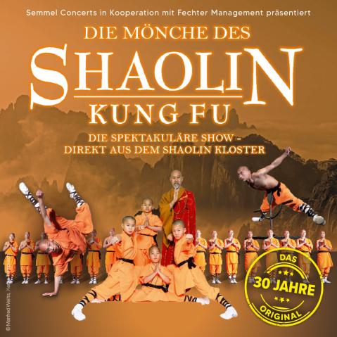 Shaolin-Mönche in traditioneller orangefarbener Kleidung zeigen eine beeindruckende Kampfkunst-Performance. Die Szene wirkt dynamisch und kraftvoll.