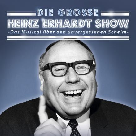 Schwarz-weiß-Porträt von Heinz Ehrmann, lachend. Über dem Bild befindet sich Schrift mit der Veranstaltungsankündigung.