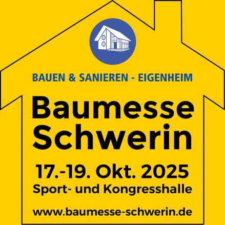 Plakat mit leuchtend gelbem Hintergrund, im Zentrum die schwarze Silhouette eines Hauses mit klarer Dachform. Mittig platziert in großer, moderner und kräftiger schwarzer Schrift der Schriftzug „Baumesse Schwerin“. 