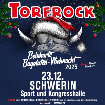 Das Plakat zeigt einen stilisierten Wikingerhelm, auf dem eine rote Weihnachtsmütze sitzt. Der Wikingerhelm ist von grünen Zweigen umrahmt.