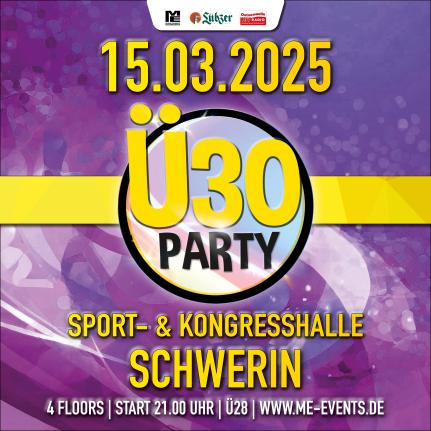 Das „Ü 30“-Plakat besteht ausschließlich aus einer Grafik, die in kräftigen Lila-Tönen gehalten ist. Der Hintergrund ist in verschiedenen Lila-Schattierungen gestalte. In der Mitte des Plakats steht der Schriftzug „Ü 30“ in leuchtend gelber, auffälliger Schrift.