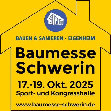Plakat mit leuchtend gelbem Hintergrund, im Zentrum die schwarze Silhouette eines Hauses mit klarer Dachform. Mittig platziert in großer, moderner und kräftiger schwarzer Schrift der Schriftzug „Baumesse Schwerin“. 