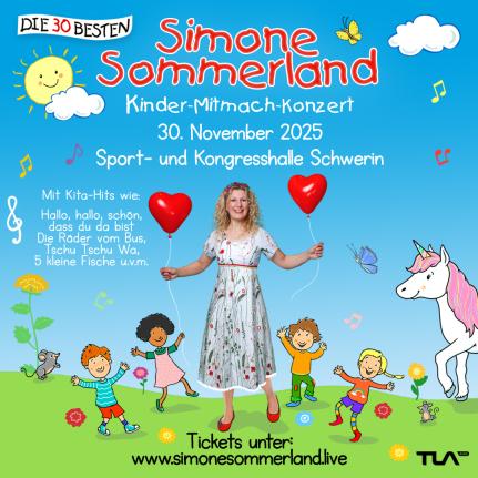 Das Plakat zeigt ein Foto von Simone Oberländer, das vor einem gezeichneten Hintergrund platziert ist. Die Künstlerin wird in realistischen Details abgebildet, während der Hintergrund in einem bunten, illustrativen Stil gehalten ist